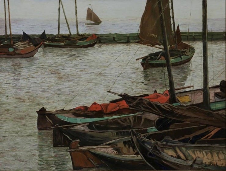 'Boten in de haven van Volendam' - olieverf op paneel: Elias Stark (binnenkort geveild bij Venduhuis De Eland) 'Boten in de haven van Volendam' - olieverf op paneel: Elias Stark (binnenkort geveild bij Venduhuis De Eland)