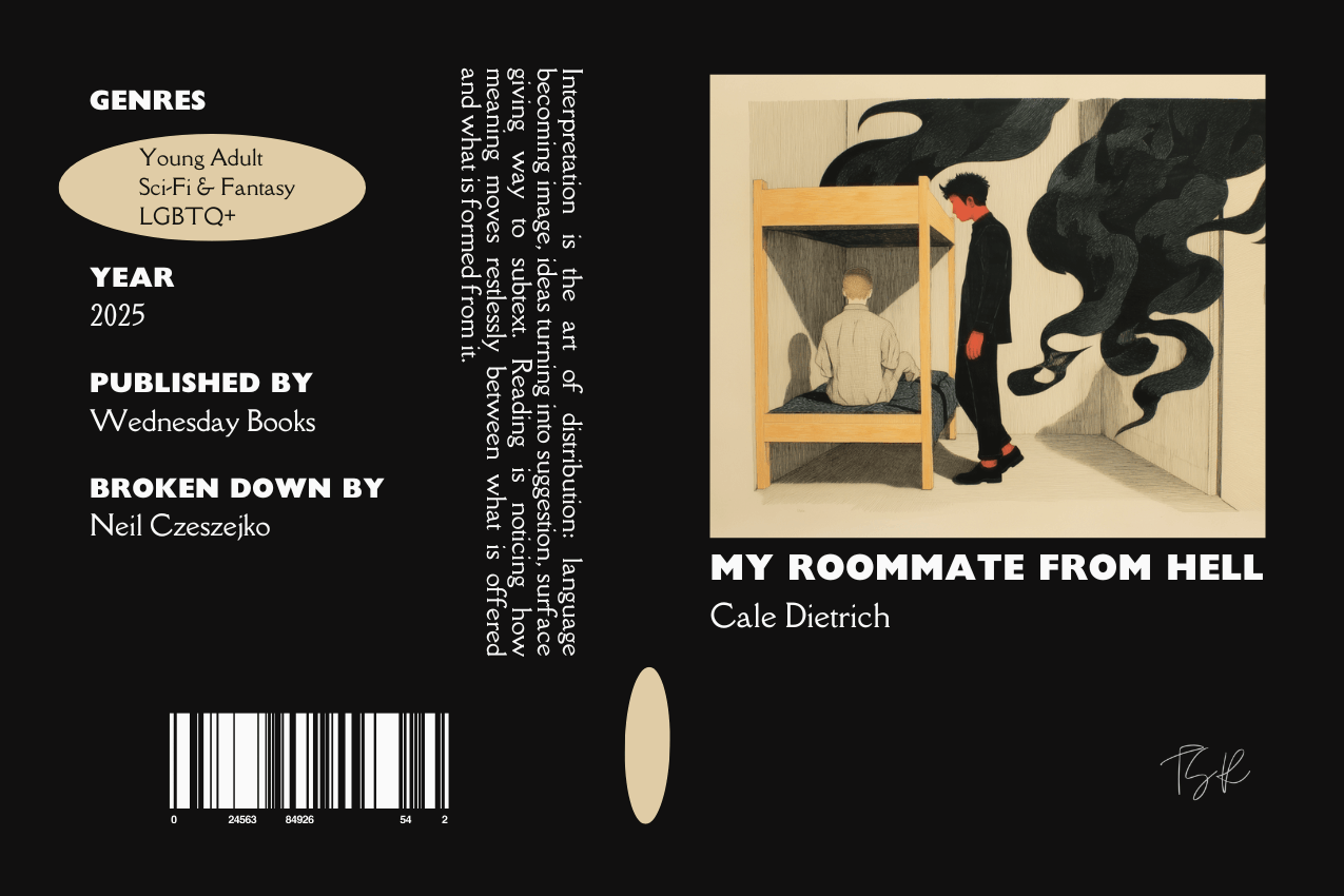 Editorial graphic featuring a stylized book jacket for "My Roommate from Hell" by Cale Dietrich. The layout depicts two young men in a dorm room; one sits on the bottom bunk of a wooden bed, while the other, with red skin and horns, stands beside it, shadowed by dark, swirling smoke-like shapes rising behind him. Metadata columns on the left list the genres Young Adult, Sci-Fi & Fantasy, and LGBTQ+, the publisher Wednesday Books, and contributor Neil Czeszejko. All set against a black composition with a column of text about the art of interpretation and a barcode at the bottom. Part of the Breakdown series at The Subtext Review.