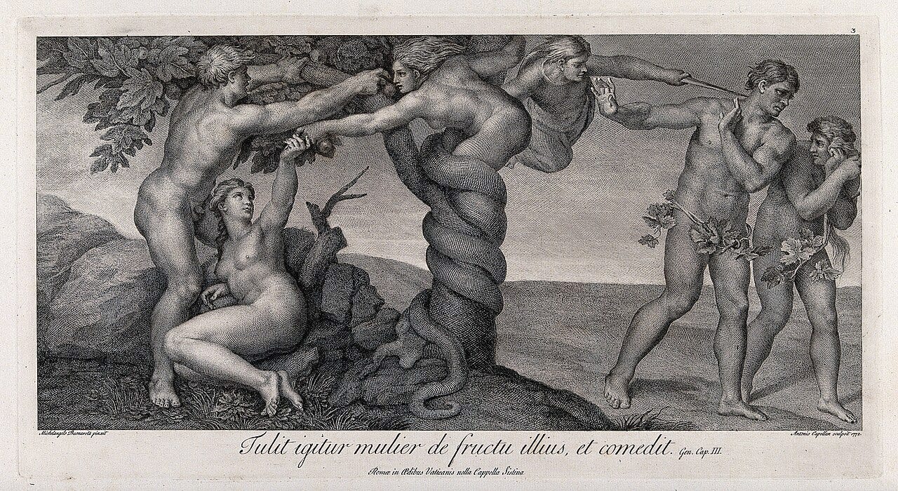 A female serpent coiled around the tree handing Eve the fruit