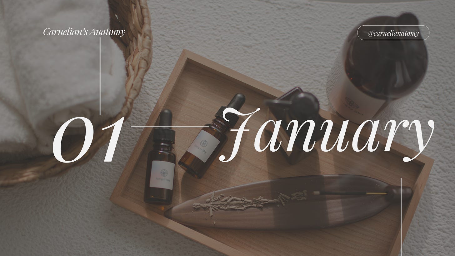 Pictured is a banner for the month of January. The top layer is the numerical month and our publication user name. The background is an apothecary sanitary basket with bath towels and serums on  wood tray with incense lit.