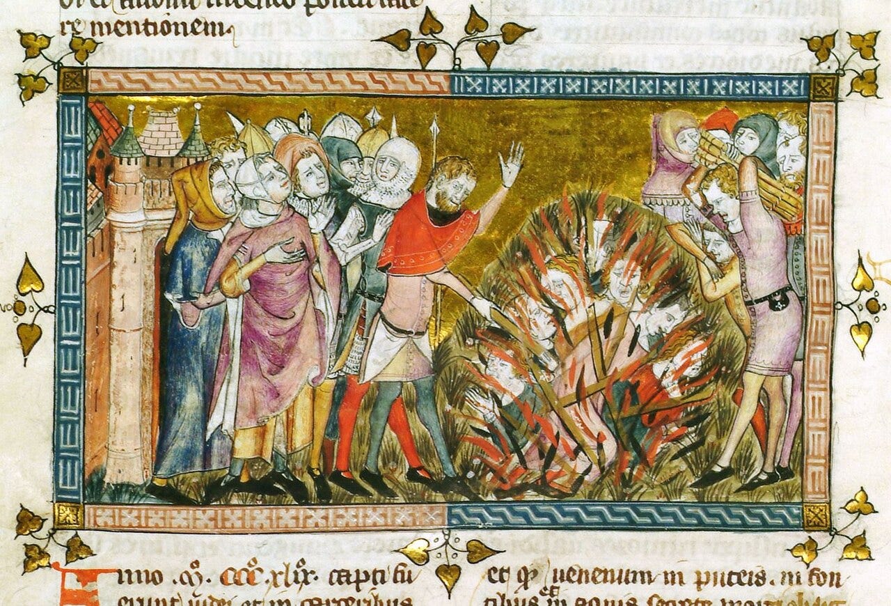 Hooded men lowering coffins into graves in 1349 Hooded men lowering coffins into graves in 1349
