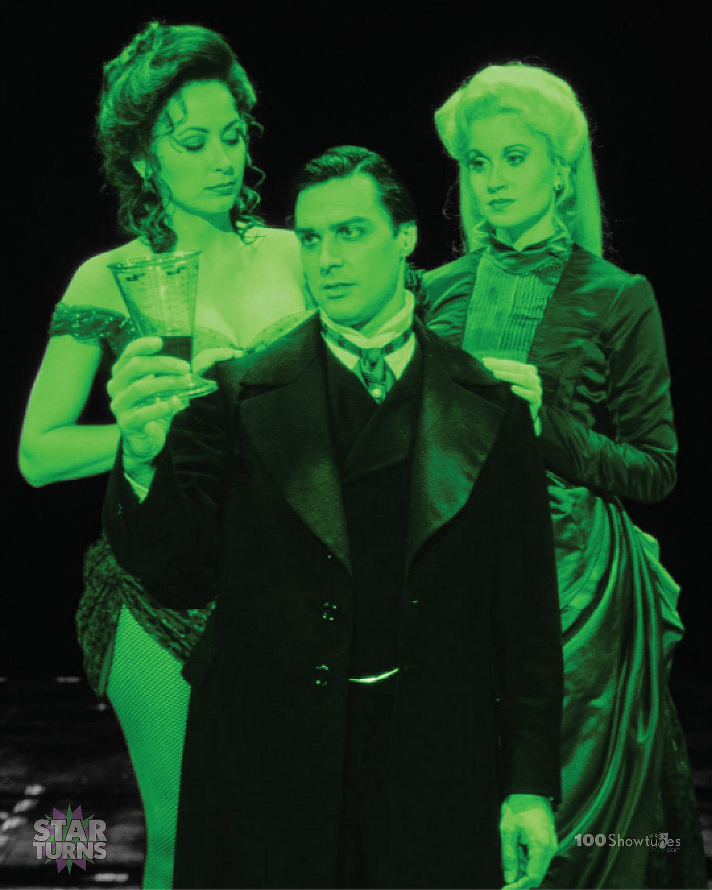 A tinted photo of Robert Cuccioli, Linda Eder, and Christiane Noll in JEKYLL & HYDY 