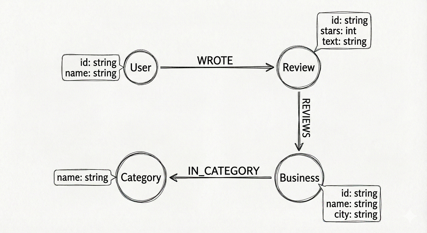 A hand-drawn schema diagram showing four circular nodes. A ‘User’ node connects via a ‘WROTE’ arrow to a ‘Review’ node. The ‘Review’ node connects via a ‘REVIEWS’ arrow to a ‘Business’ node. The ‘Business’ node connects via an ‘IN_CATEGORY’ arrow to a ‘Category’ node. Key properties like IDs and names are listed in callout boxes next to each node.