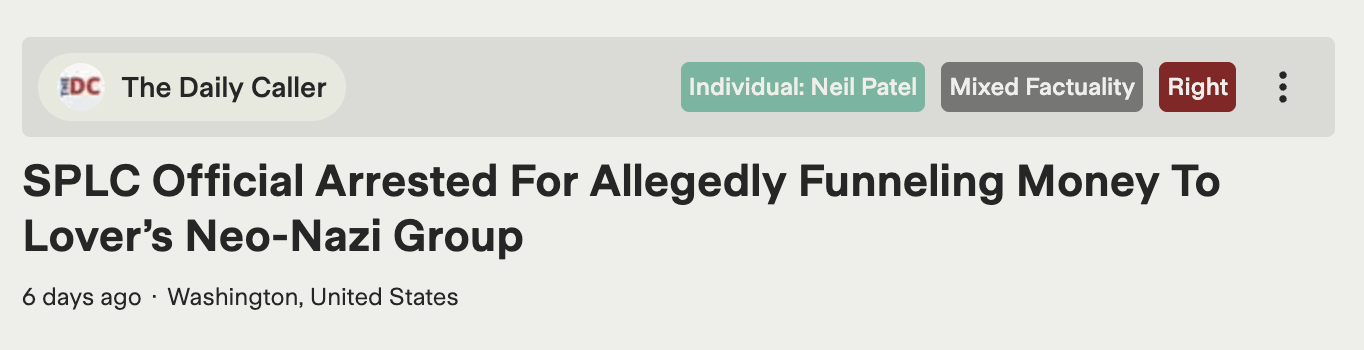 A Ground News screenshot from a Daily Caller article about the arrest of Heidi Beirich, emphasizing her relationship with a neo-Nazi informant. A Ground News screenshot from a Daily Caller article about the arrest of Heidi Beirich, emphasizing her relationship with a neo-Nazi informant.