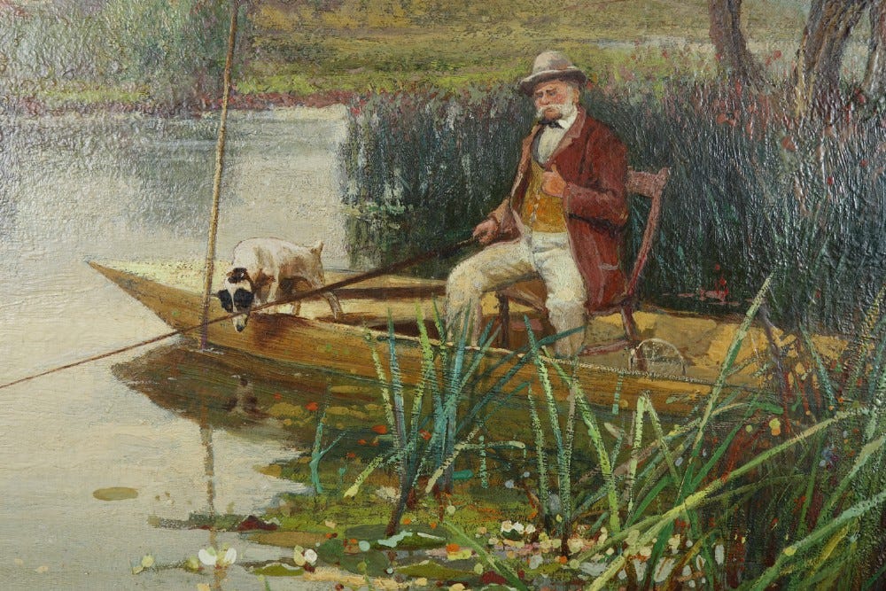 Antique English Victorian Angler's Assistant Fishing Landscape Oil Painting  Picture By Paul H Ellis (circa 1890)