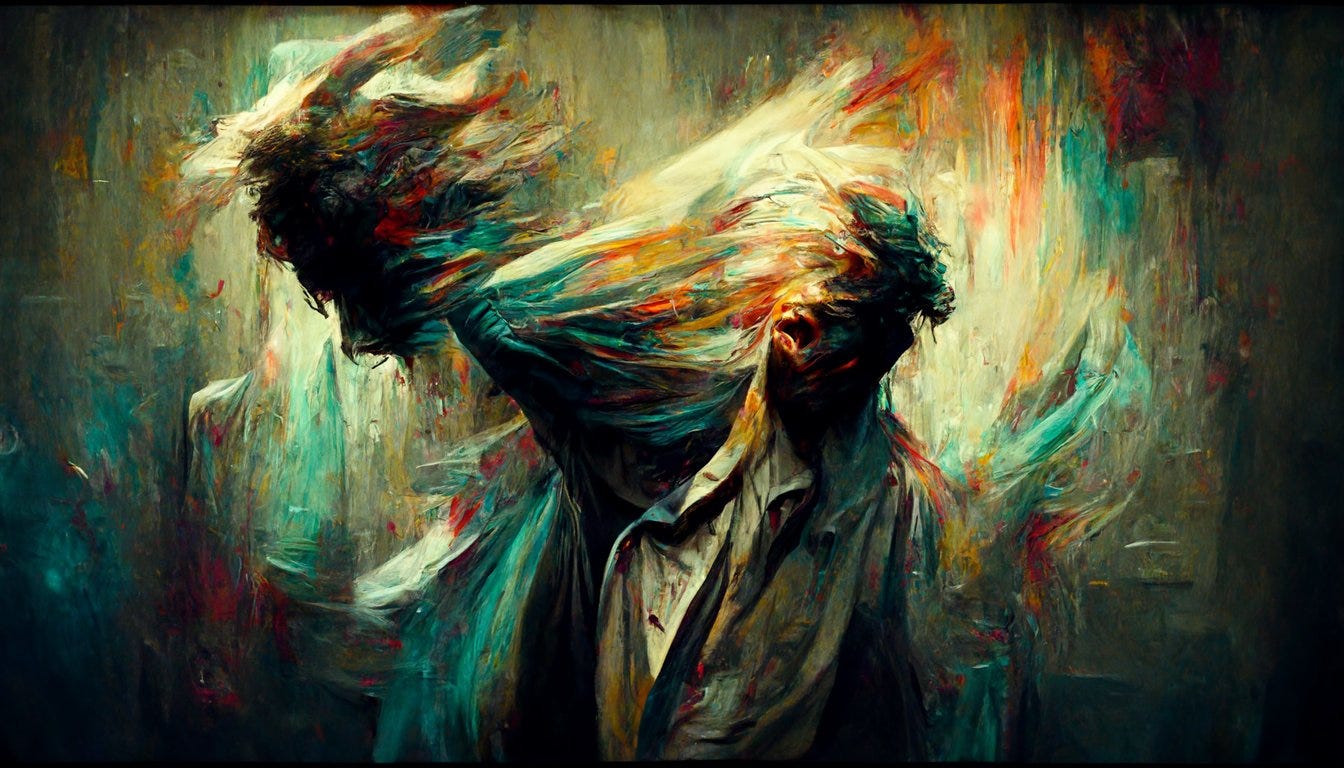 prompthunt: slap dash emotional oil painting in muted sombre colors,  semi-abstract, full body portrait, man experiencing mental anguish in a  horizontal pose with streaks of color flowing from his head, cinematic  horror,