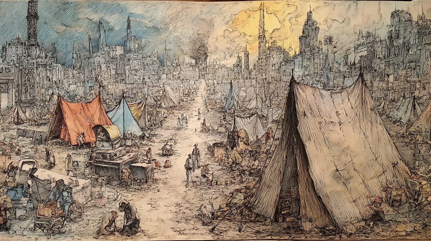 Colored pencil sketch, homeless, tents, dystopian city.