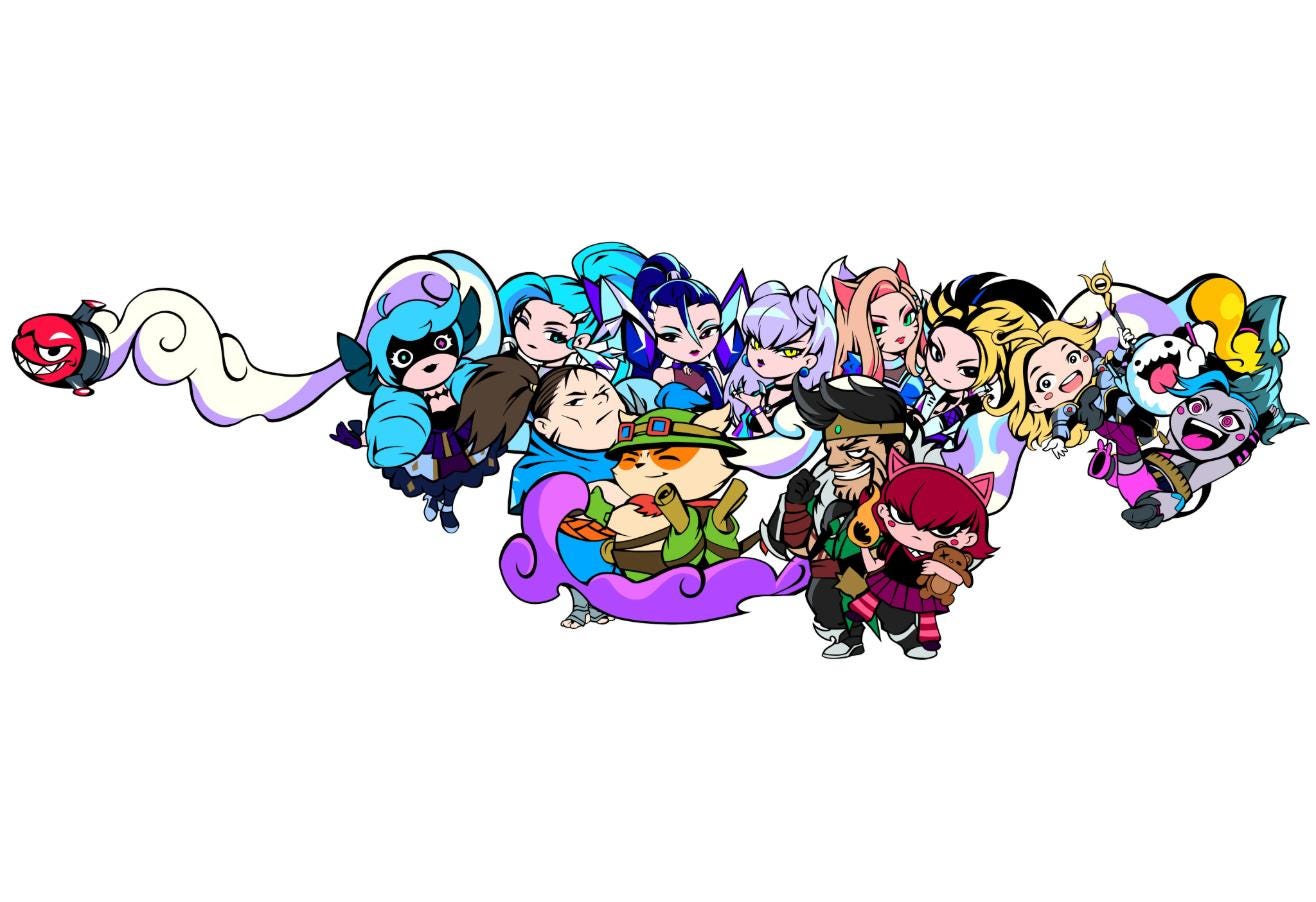 Doodle Buds Phantom, League of Legends variant, illustrated with K/DA Ahri, Akali, Evelynn, Kai'Sa, and Seraphine alongside other League of Legends champions