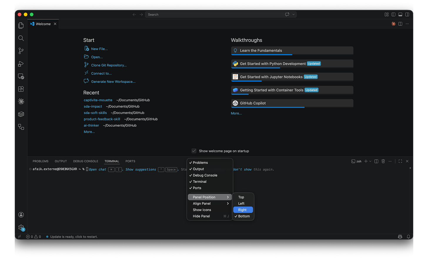 VS Code showing the Panel Position dropdown menu with the Right option highlighted. VS Code showing the Panel Position dropdown menu with the Right option highlighted.