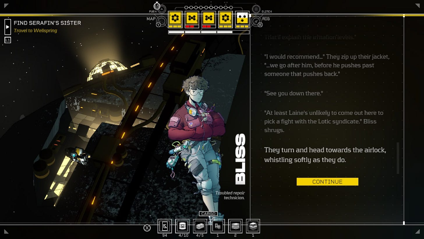 Screenshot aus dem Videospiel „Citizen Sleeper 2: Starward Vector“: die Figur Bliss und eine Texttafel mit Dialog. (Bild: Fellow Traveller Games)