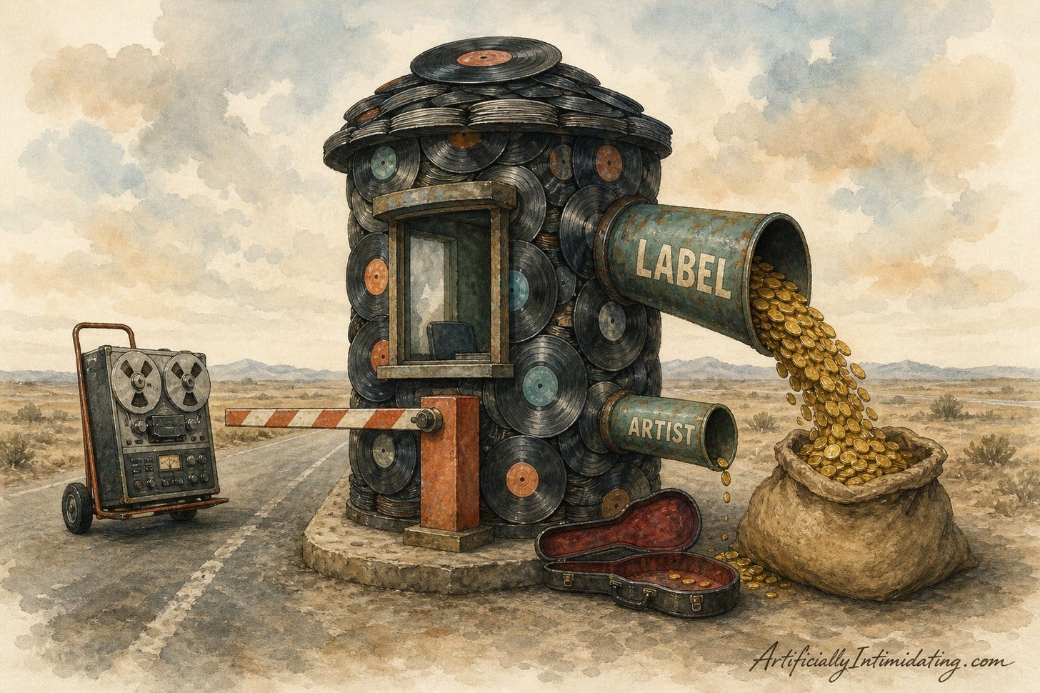 Watercolor of a toll booth made of stacked vinyl records. A huge chute labeled LABEL pours gold coins into a sack, while a tiny chute labeled ARTIST drips a few coins into an open guitar case. Watercolor of a toll booth made of stacked vinyl records. A huge chute labeled LABEL pours gold coins into a sack, while a tiny chute labeled ARTIST drips a few coins into an open guitar case.