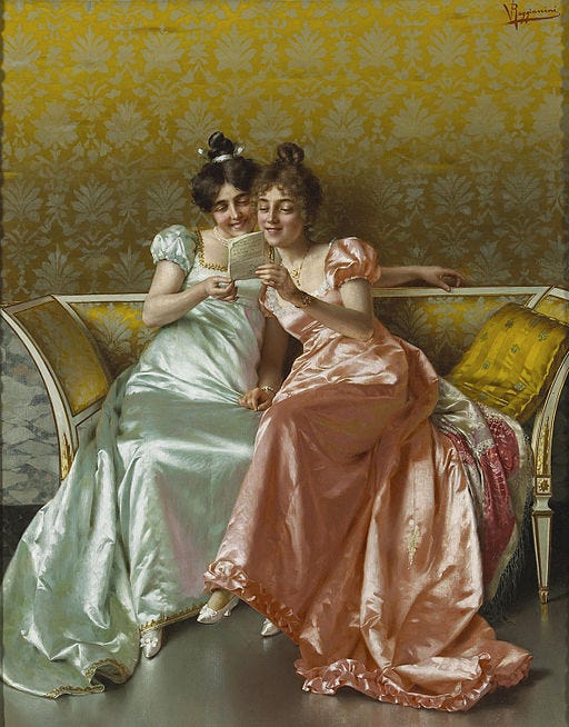 Painting oftwo women in early 19th century clothing styles amused by a letter.