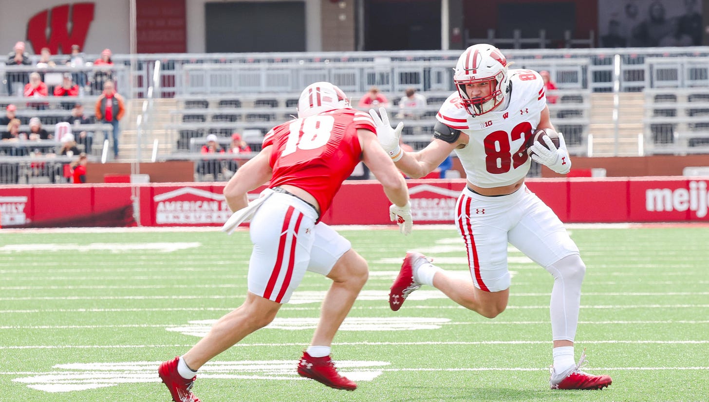 Wisconsin Badgers tight end Emmett Bork catching a pass at the spring showcase, photographed by Dane Sheehan for BadgerNotes.com Wisconsin Badgers tight end Emmett Bork catching a pass at the spring showcase, photographed by Dane Sheehan for BadgerNotes.com