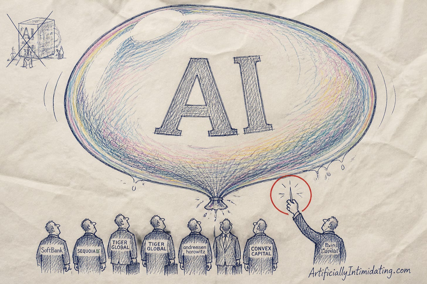 Editorial cartoon: a giant iridescent soap bubble stamped AI, stretched to the bursting point above a crowd of suited investors labeled with VC firm names, while one raises a single pin toward it. Editorial cartoon: a giant iridescent soap bubble stamped AI, stretched to the bursting point above a crowd of suited investors labeled with VC firm names, while one raises a single pin toward it.