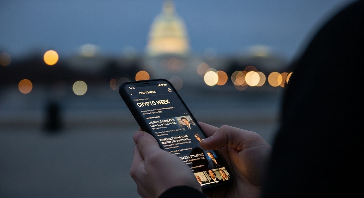  A person holds a smartphone displaying a "CRYPTO WEEK" news feed, with the blurred U.S. Capitol Building visible in the background at dusk.
