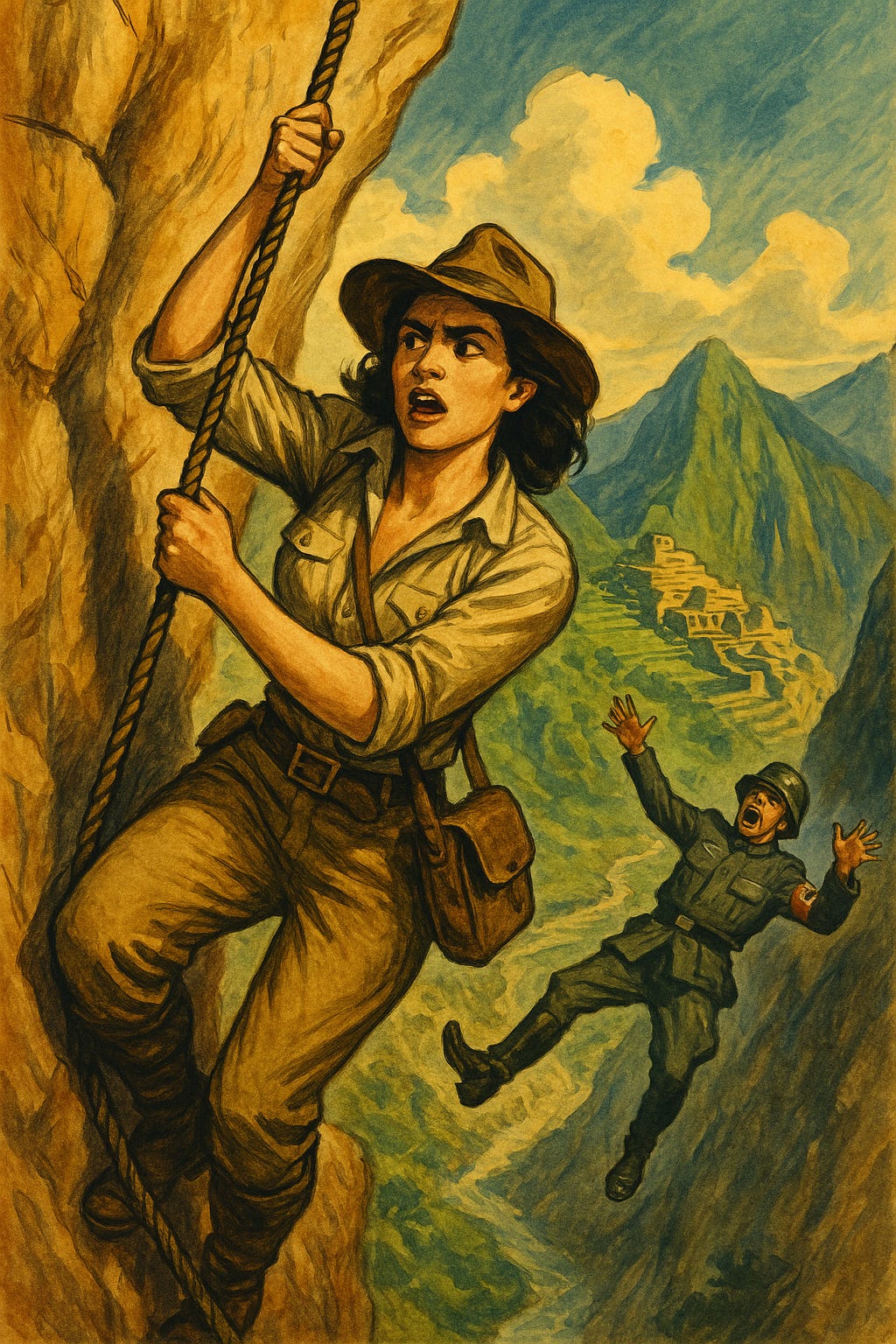 A pulp comic-style illustration of a woman in explorer gear climbing up a cliff face, in the background a Nazi falls to his death and we can see ruins in the distance.