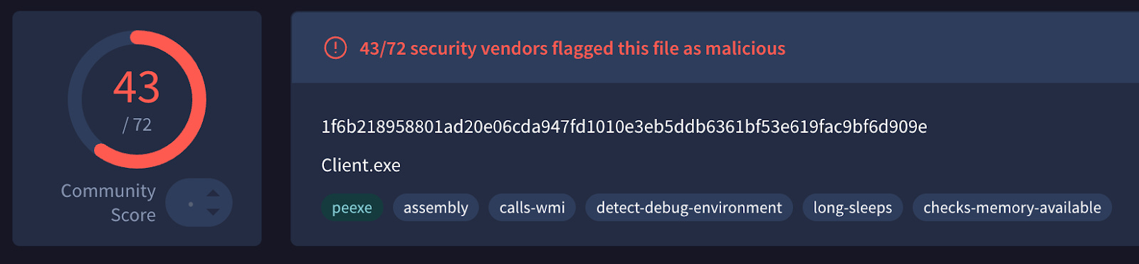 VirusTotal report showing in red “43/72 security vendors flagged this file as malicious.” VirusTotal report showing in red “43/72 security vendors flagged this file as malicious.”