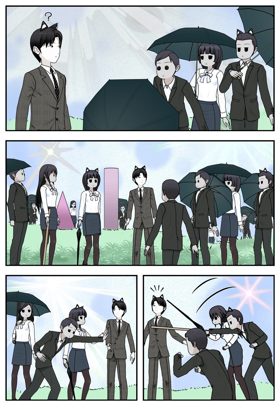 The locals, with gray skin and blank eyes and mouths crossed shut, crowd around Ace with sticks and umbrellas, shoving and prodding him.