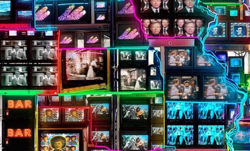Detail, Nam June Paik, Electronic Superhighway: Continental U.S., Alaska, Hawaii, 1995, fifty-one channel video installation (including one closed-circuit television feed), custom electronics, neon lighting, steel and wood; color, sound, approx. 15 x 40 x 4' (Smithsonian American Art Museum) (© Nam June Paik Estate) Detail, Nam June Paik, Electronic Superhighway: Continental U.S., Alaska, Hawaii, 1995, fifty-one channel video installation (including one closed-circuit television feed), custom electronics, neon lighting, steel and wood; color, sound, approx. 15 x 40 x 4' (Smithsonian American Art Museum) (© Nam June Paik Estate)