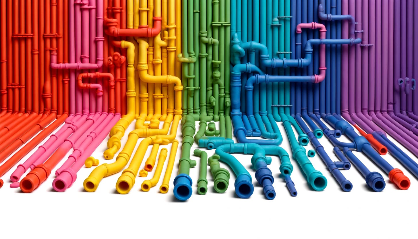 A horizontal visualization of a few pipes made out of colorful clay, with more pipes heading in the same direction. The pipes are in different vibrant colors such as red, blue, green, yellow, and purple. Some pipes have connectors and are aligned horizontally, creating a playful and whimsical network. The connectors should be clearly visible, adding to the intricate design of the pipe system.