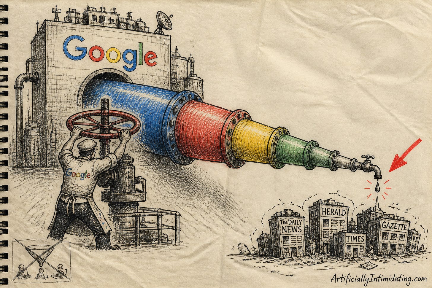 Editorial cartoon: a giant Google-colored water main narrows to a single dripping tap over small newspaper buildings while an operator grips the shutoff valve