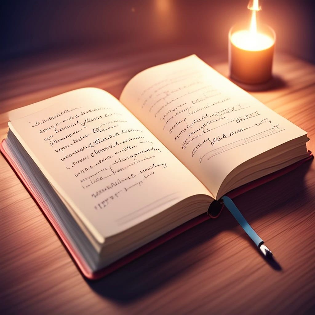 Carnet ouvert baigné de lumière douce, avec des mots manuscrits qui semblent vibrer – symbole intime d’un récit personnel prêt à être partagé.