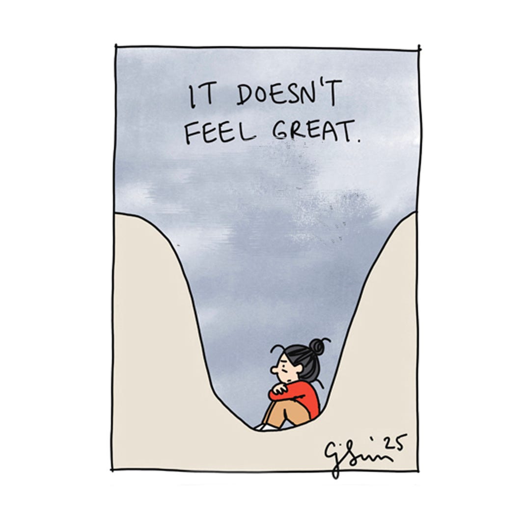 Excerpt from a 4-panel comic strip about the ups and downs of life and trying to get out of a rut. Titled "A Part of Doing Hard Things," by Connie Sun, cartoonconnie, 2025.