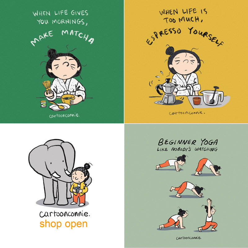 A grid of original cartoon designs featuring an illustrated character with a bun making matcha, espresso, and doing beginner yoga, created by Connie Sun, cartoonconnie, 2025. A grid of original cartoon designs featuring an illustrated character with a bun making matcha, espresso, and doing beginner yoga, created by Connie Sun, cartoonconnie, 2025.
