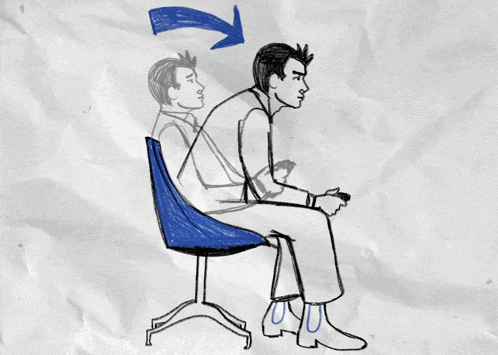 a drawing of a man sitting in a chair with a blue arrow pointing up