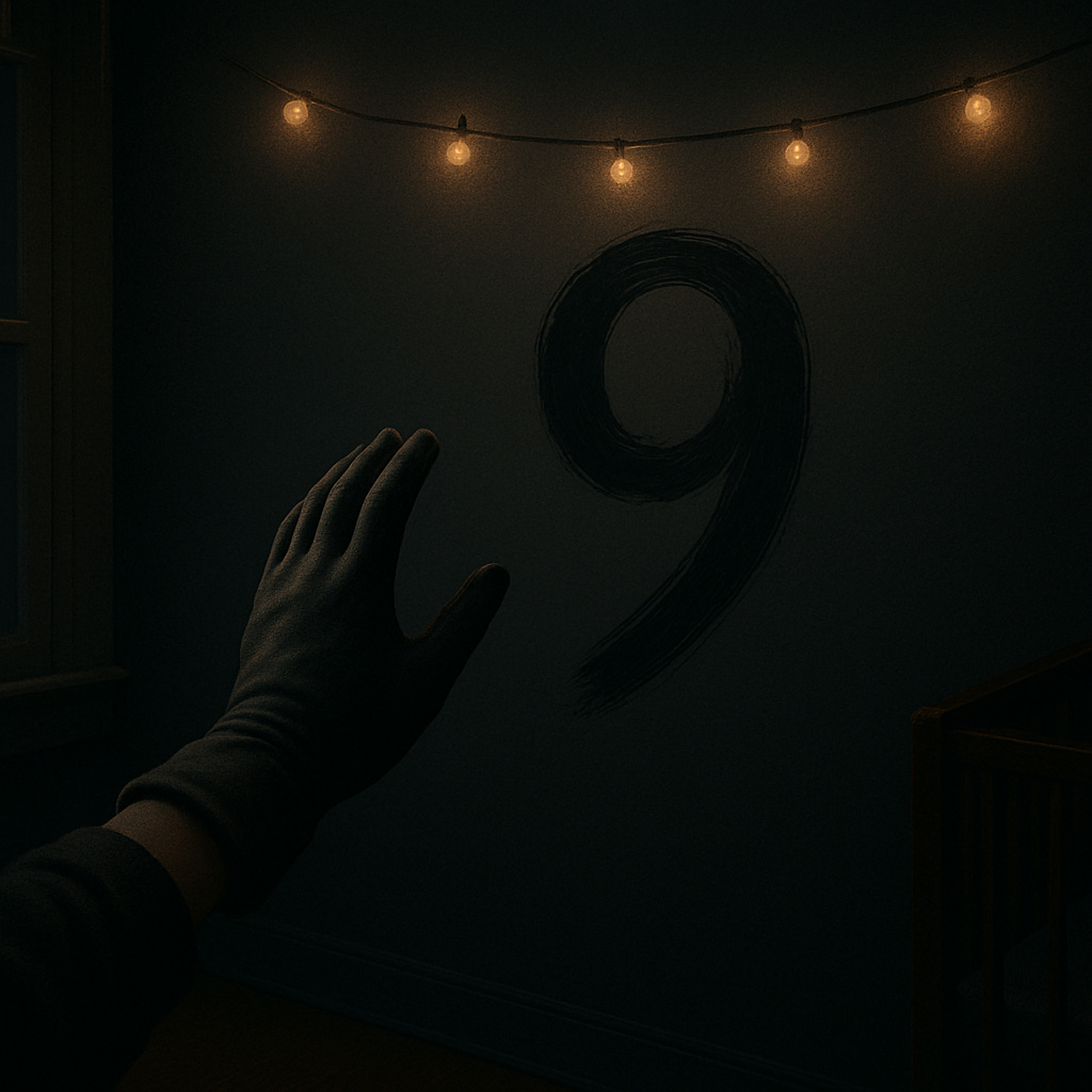 Matte-black nursery wall with a large hand-brushed black “9” appearing in the paint; gloved painter’s hand reaching toward it; warm fairy lights and a crib edge in frame.