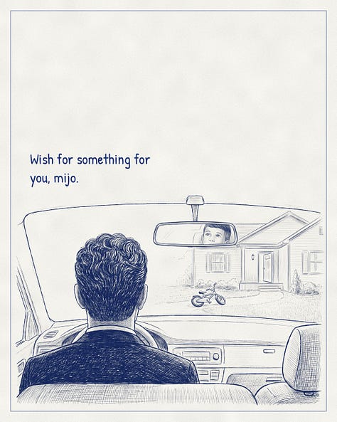 Blue-ink illustration. Father and son keep talking on the drive; the boy asks when he sleeps at Dad's.
