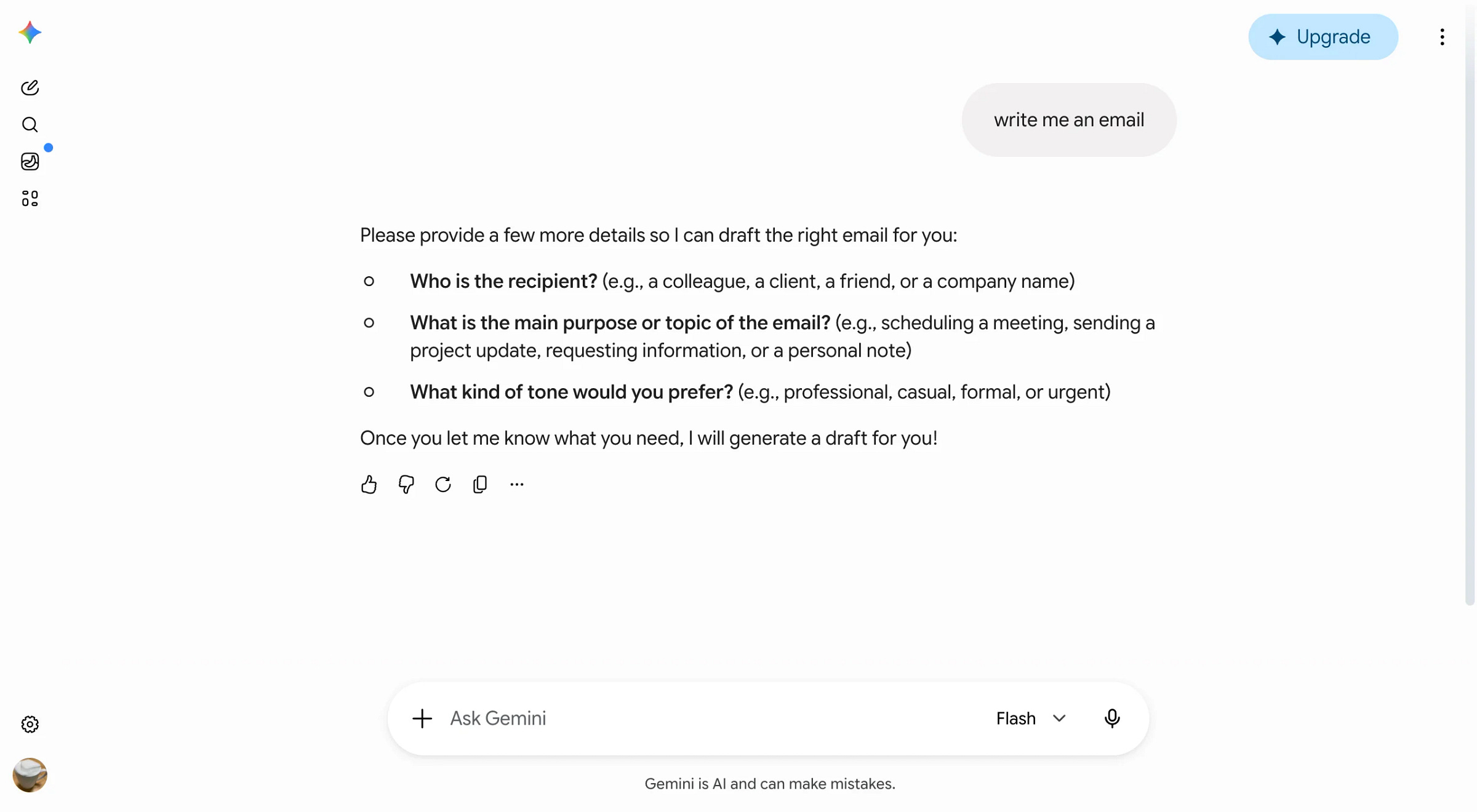 Gemini clarifying questions for recipient, purpose, and tone before drafting