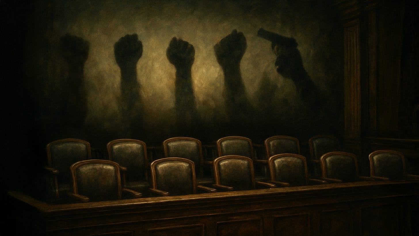 Empty jury chairs in a dimly lit courtroom, with large shadowy silhouettes of raised fists and a gun cast against the wall, symbolizing how violence and hostility seep into the justice system.