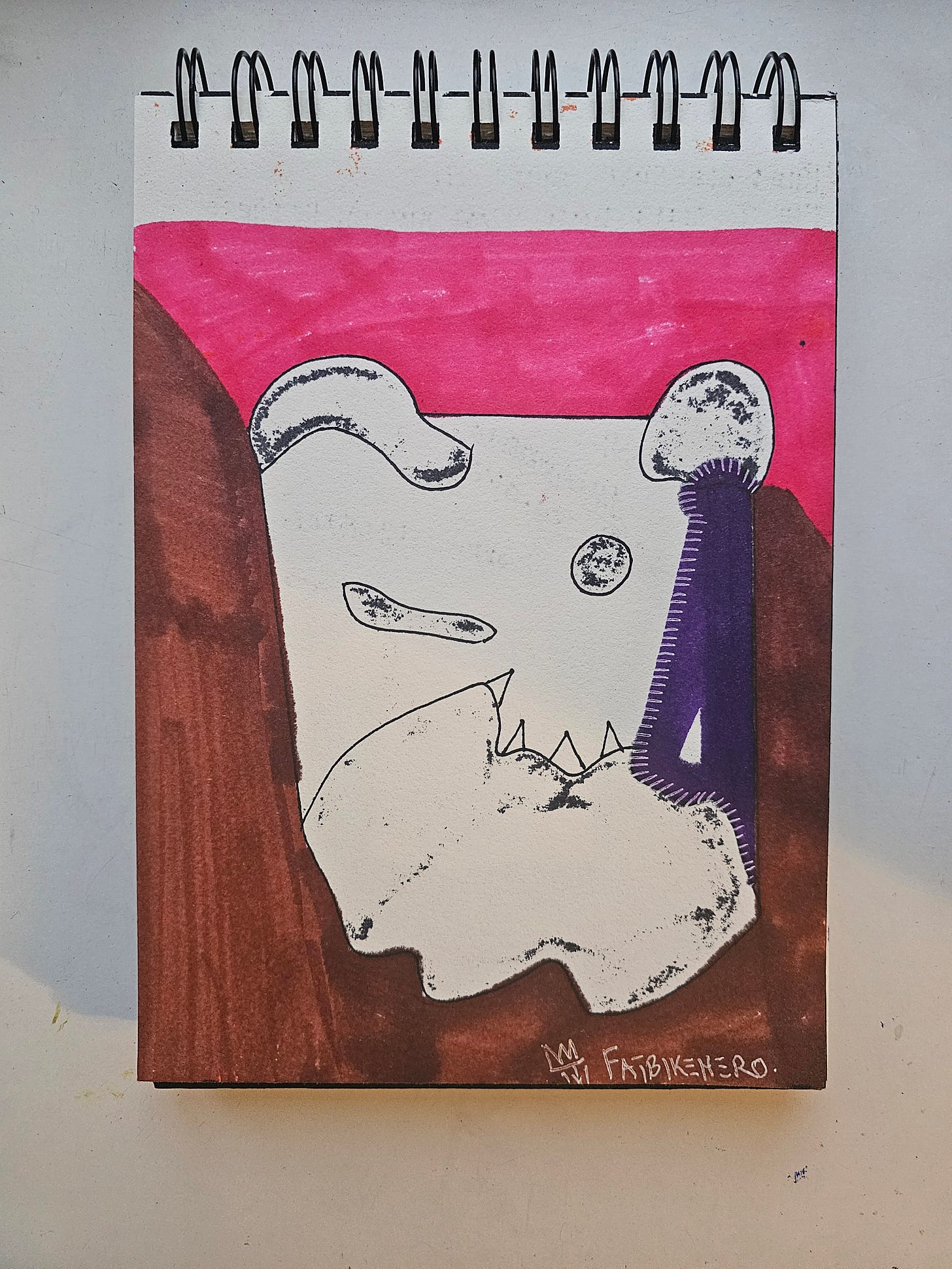 Alt Text: A contemporary abstract drawing titled Sleeping Bulldog by FatbikeHero, featuring a white negative-space dog shape with sharp teeth against a pink sky and brown walls, symbolizing the dormant threat of AGI dystopia.