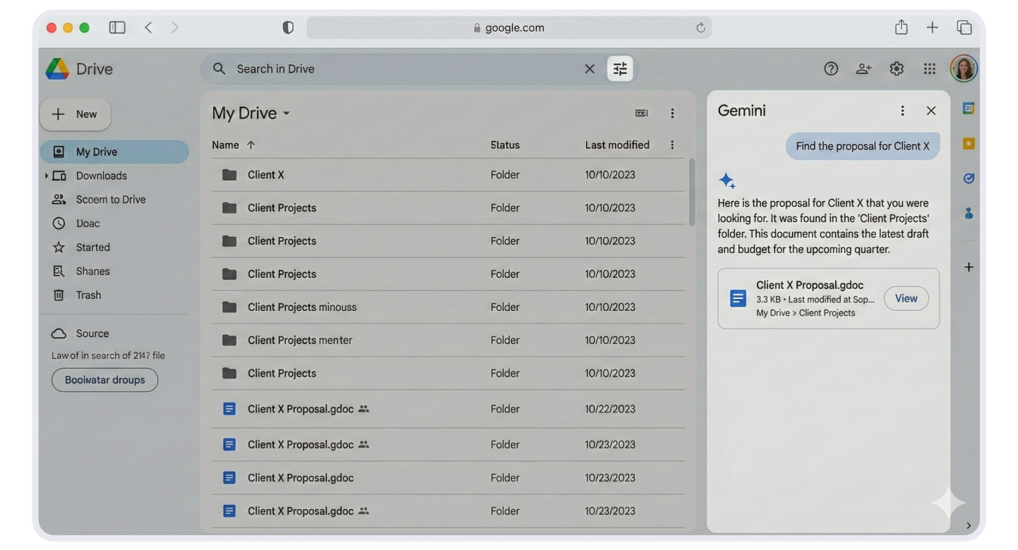 Screenshot of Google Drive interface showing a file list with multiple "Client Projects" folders and "Client X Proposal.gdoc" files. The Gemini sidebar is open on the right with the prompt "Find the proposal for Client X" and displays a response indicating it found the document in the Client Projects folder, with a clickable link to "Client X Proposal.gdoc" showing file details and a "View" button.