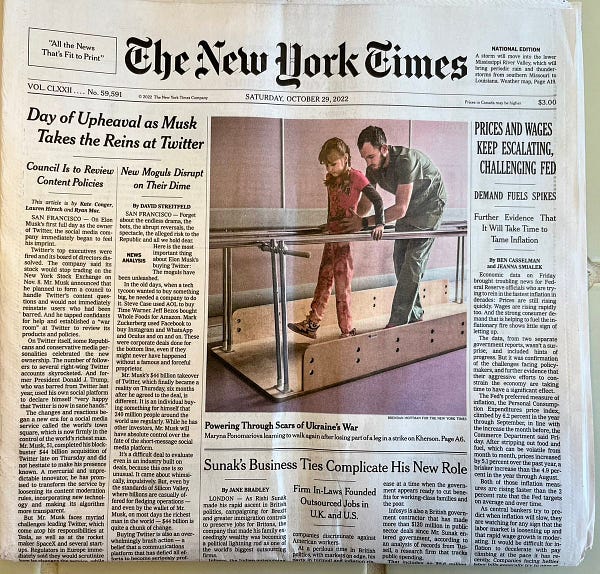 Front page of the NYT today, with stories about Elon Musk, the new UK prime minister, and the economy.