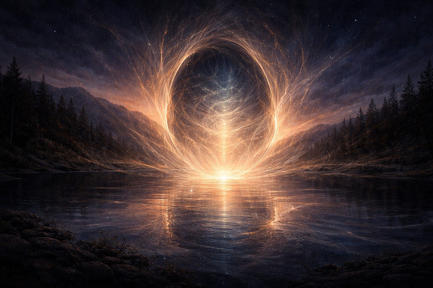 Hand-painted cinematic artwork of a dark lake at dusk with a luminous inward-opening form rising from the water, made of fine golden and blue-white threads, suggesting a world becoming visible from within rather than merely being observed from outside.
