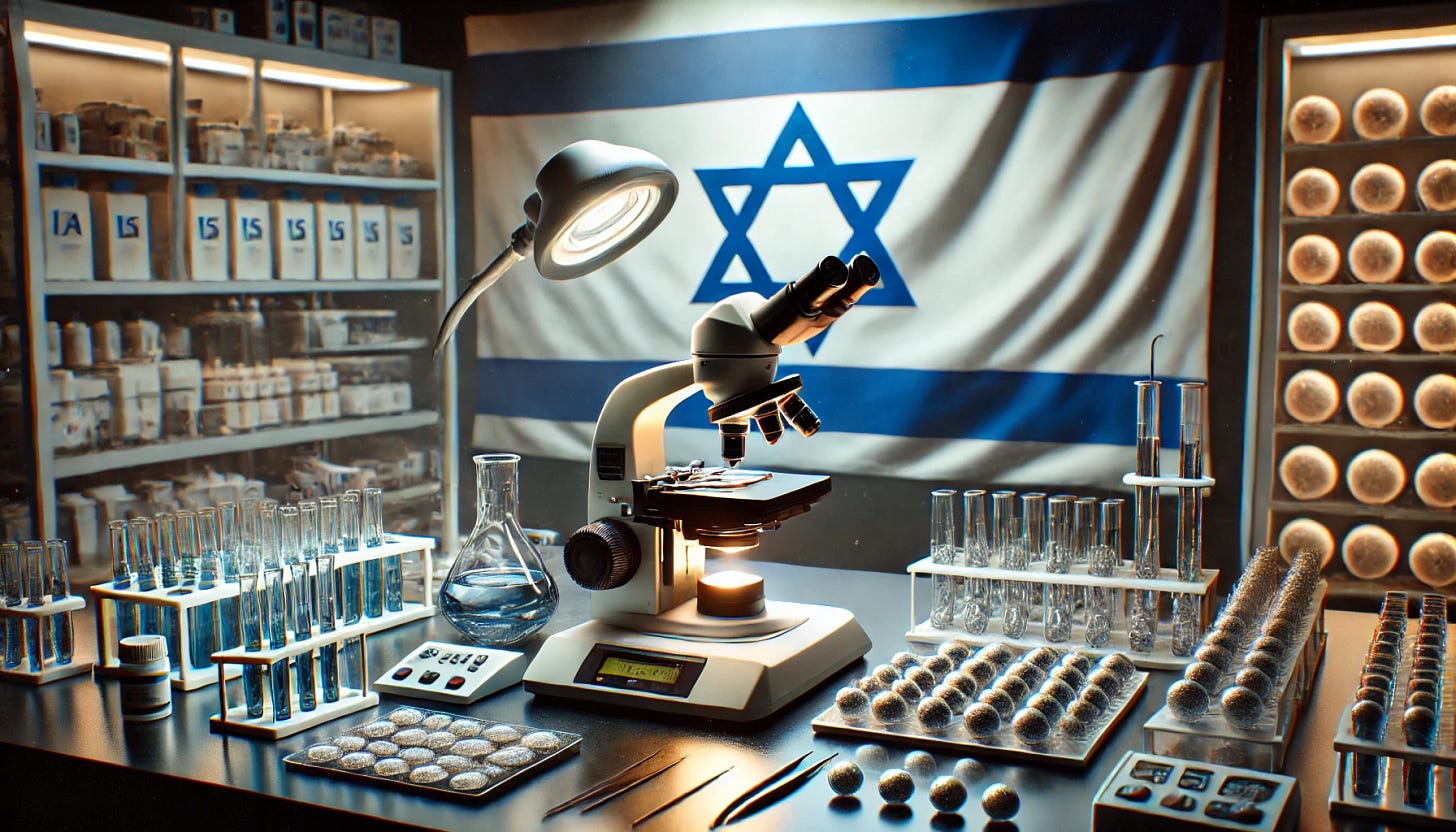 A highly realistic scene showing an IVF procedure under a microscope with a large Israel flag prominently displayed in the background. The IVF process is shown in detail, with scientific instruments and embryos visible under magnification. The flag is large, occupying a significant portion of the background, clearly representing the setting. Laboratory equipment is still present, but the focus is shared between the intricate scientific work and the bold national symbolism. The lighting remains clinical and professional, highlighting both the precision of the IVF process and the significance of the flag.