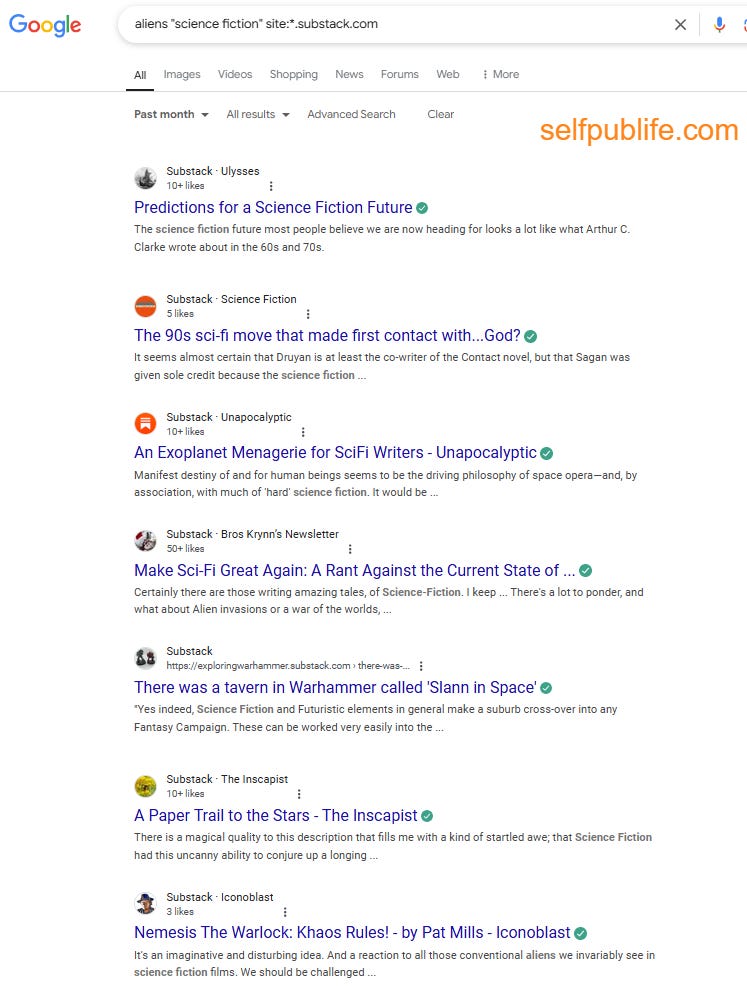Screenshot of Google search results page for aliens and science fiction and Substack publications on subdomains. Screenshot of Google search results page for aliens and science fiction and Substack publications on subdomains.