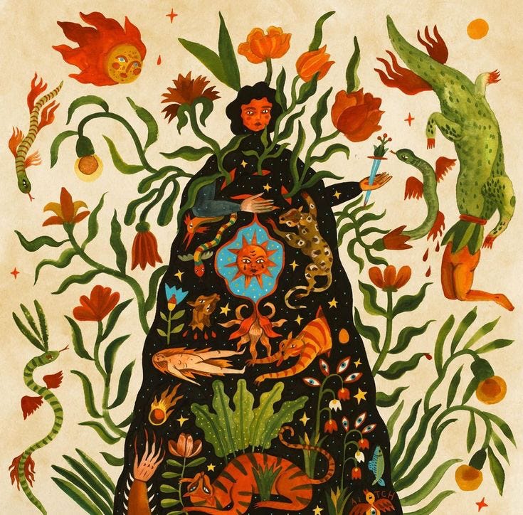 A figure in a black cloak has a cornucopia of animals, celestial bodies, plants, and other symbols sprouting from their cape. Their left hand is outstretched and stabbed through with a dagger. A figure in a black cloak has a cornucopia of animals, celestial bodies, plants, and other symbols sprouting from their cape. Their left hand is outstretched and stabbed through with a dagger.