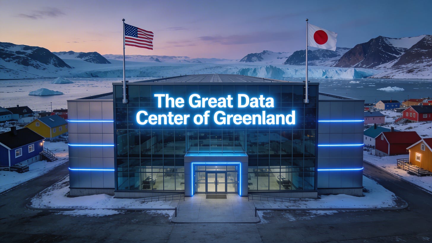 Nuuk data center with front-facing sign "The Great Data Center of Greenland" flanked by US and Greenland flags, with glaciers and Arctic scenery.
