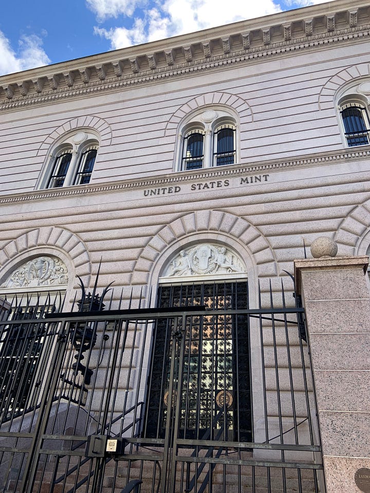 photo of the U.S. Mint in Denver and of Katie with Jennifer DeBroekert and other Mint staff