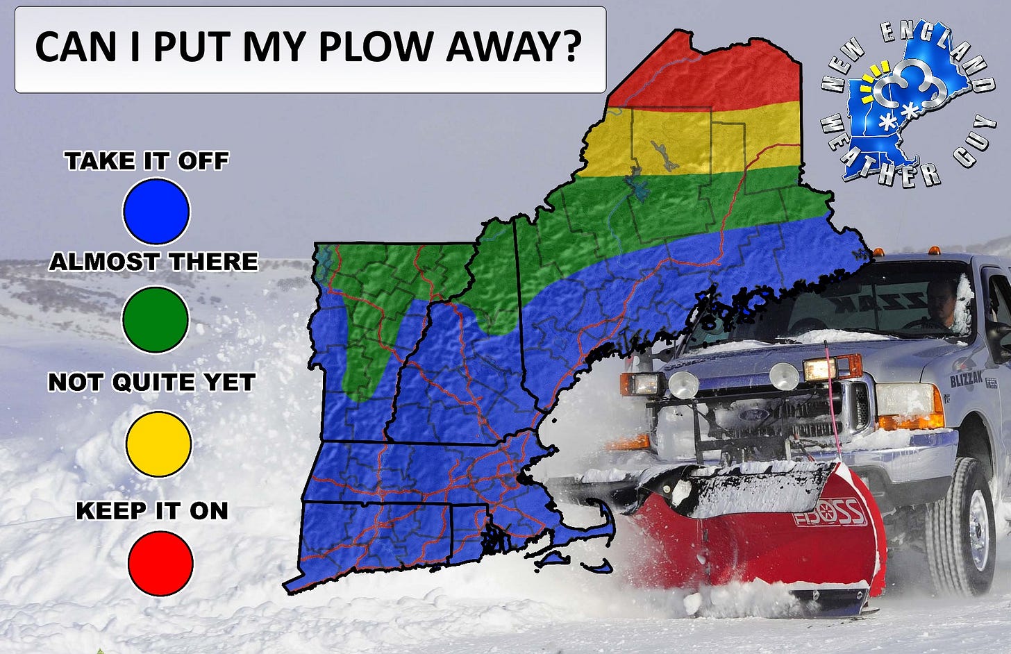 May be an image of ‎map, snowplow, arctic and ‎text that says '‎CAN I PUT MY PLOW AWAY? TAKE TAKEITOFF T OFF NELAu ALMOST THERE 오패볶인 NOT QUITE YET KEEPITON KEEP IT ON BLILZAA 悟 לללכת‎'‎‎