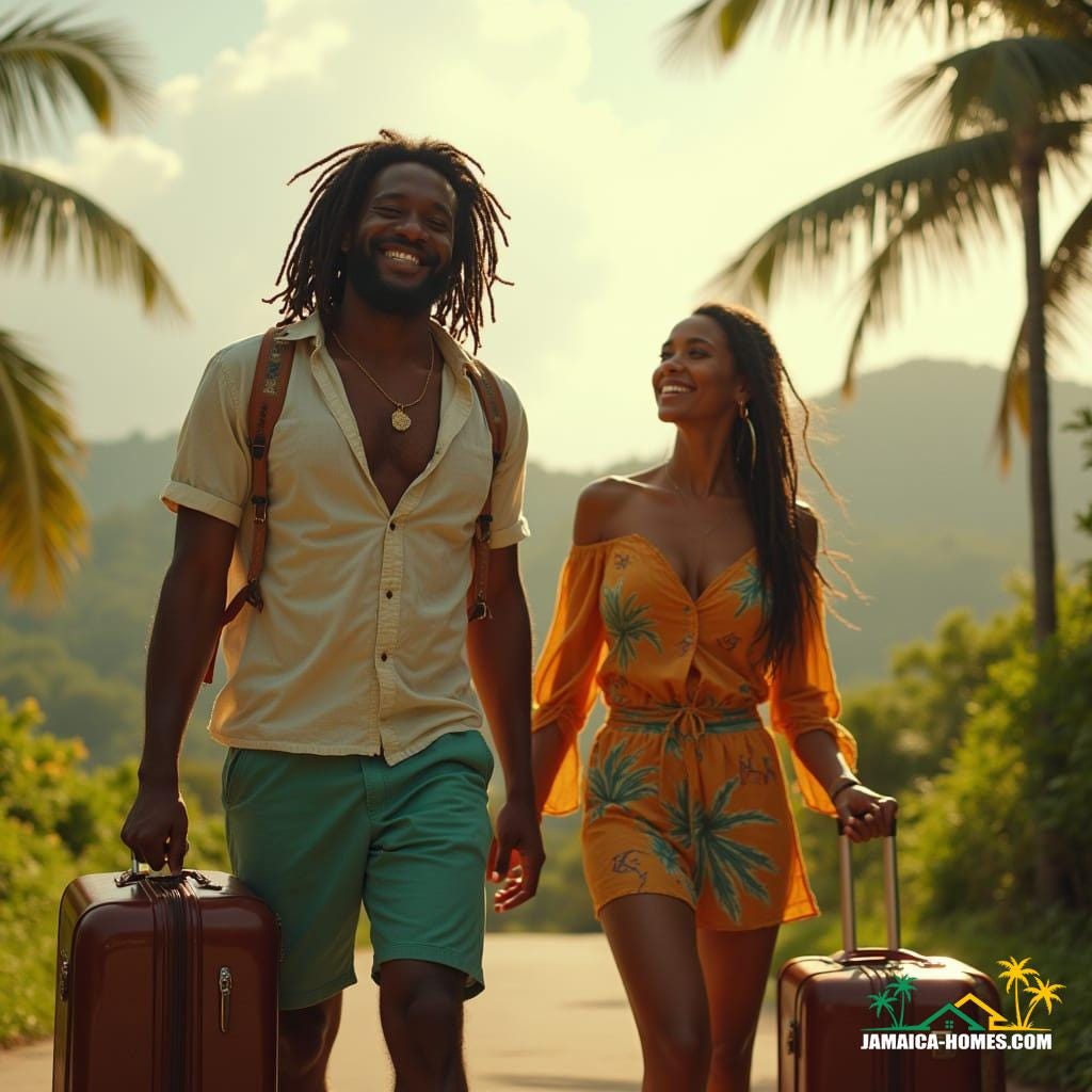 Couple arriving in Jamaica, capturing the joy and emotion of coming home.