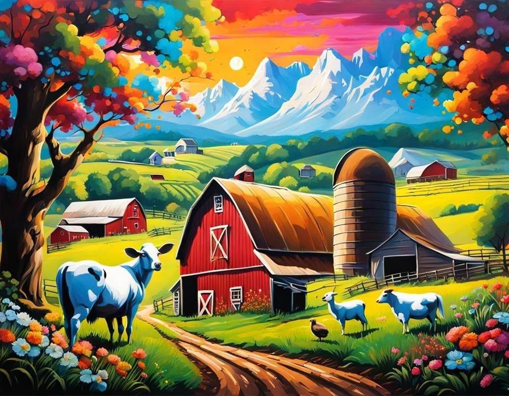 Bucolic farm life scene with animals