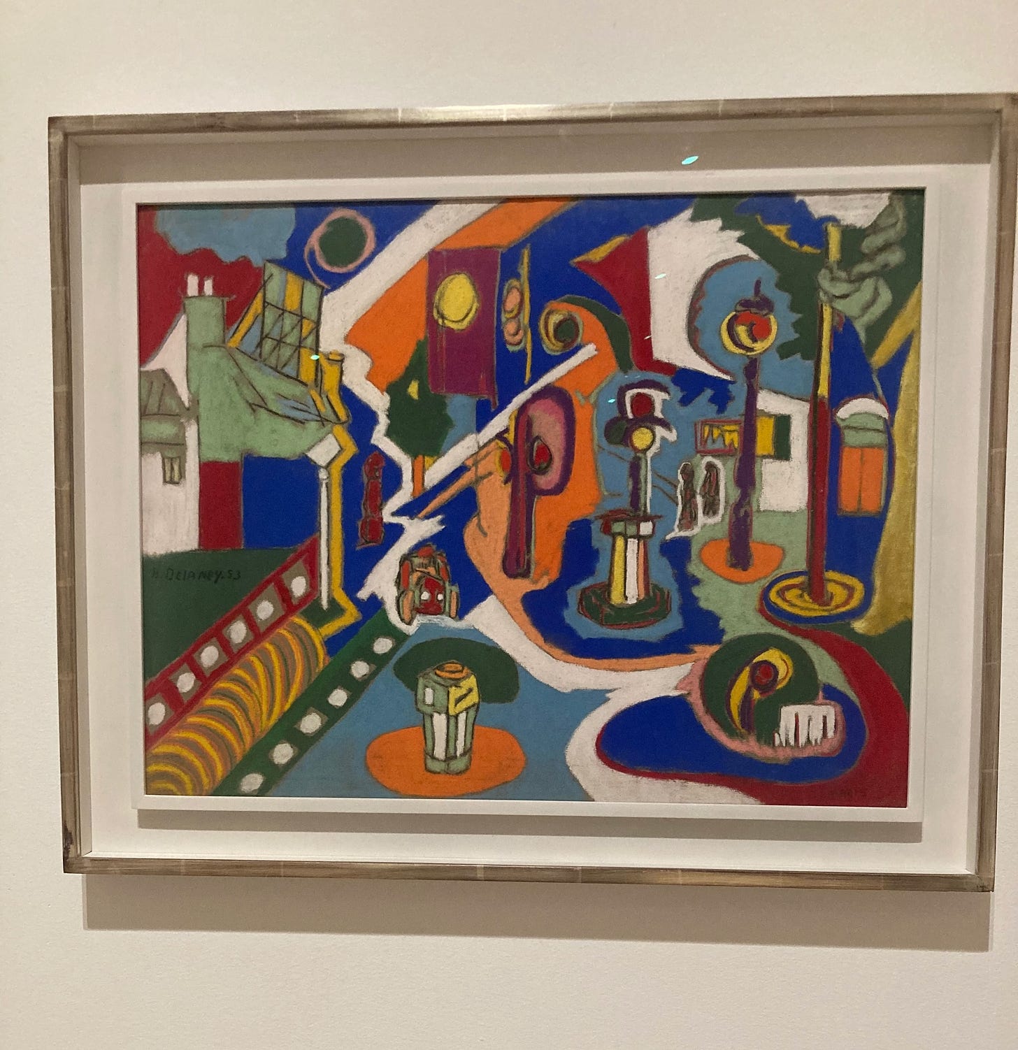 A stylized and colorful Paris street scene by Beauford Delaney