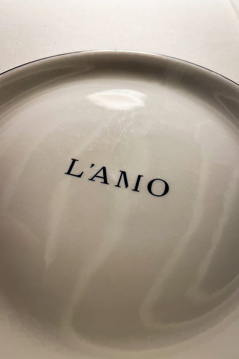 This is a trio of images from L'Amo Bistro Del Mare's fresh fish counter, tiramisu and branded plates