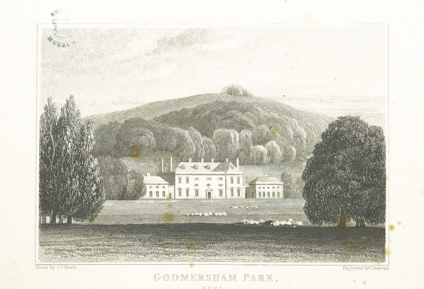 Engraved image of Godmersham Park. Image extracted from page 62 of volume 2 of Views of the Seats of Noblemen and Gentlemen in England, Wales, Scotland and Ireland. Second Series, by John Preston Neale. Original held and digitised by the British Library.