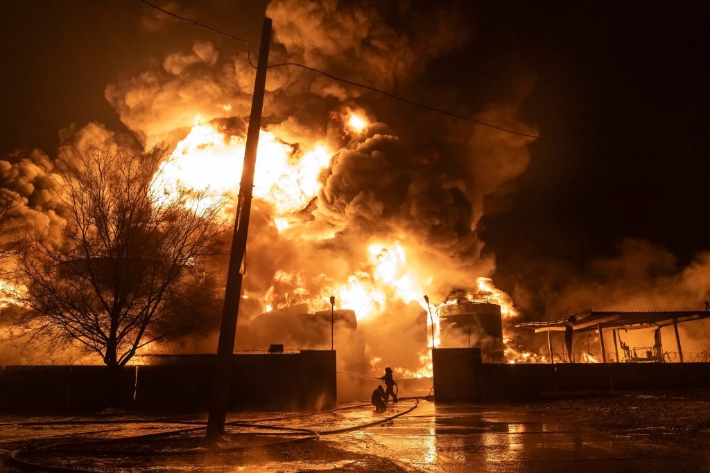 A blaze caused by a Russian attack in Kharkiv, Ukraine.