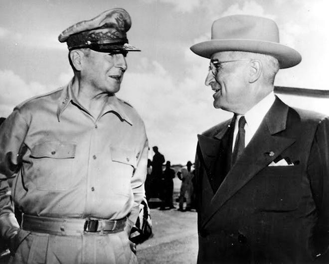 Pictured are General Douglas MacArthur and President Harry Truman during the Korean War. Truman later dismissed MacArthur because of conflicting policy views about how to conduct the Korean War. PHOTO COURTESY/LITTLE FALLS HISTORICAL SOCIETY